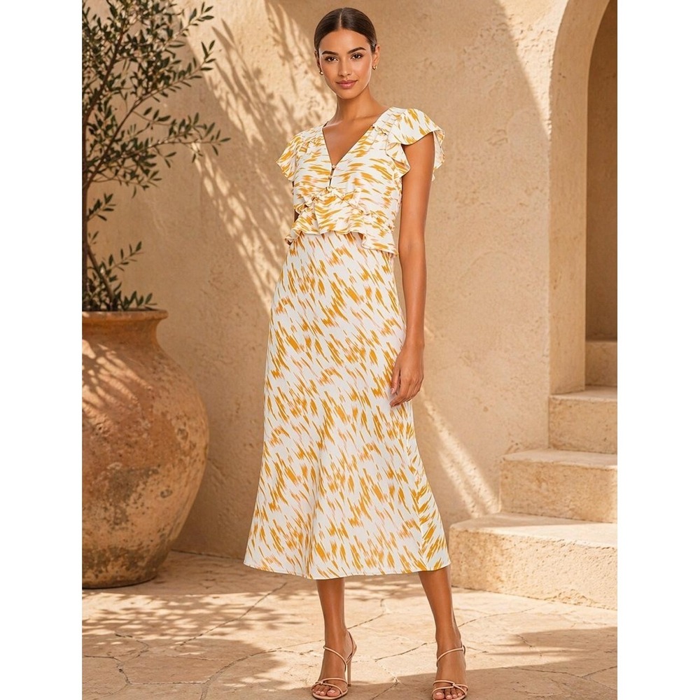 ANTHROPOLOGIE RAHI Women's Midi Dress SMALL Orange Print Cutout Back RCC8397B